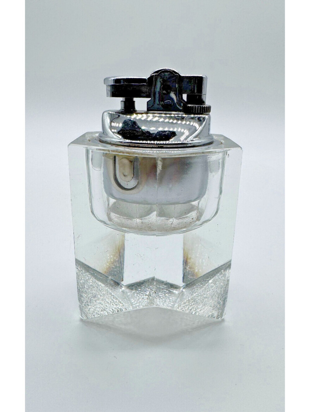 Vintage Japan Clear Pressed Glass Cube Table Lighter Geometric Mid Century